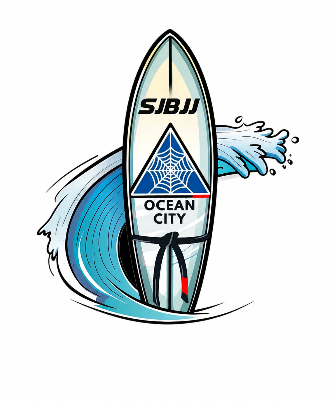 SJBJJ Ocean City surfboard and wave logo